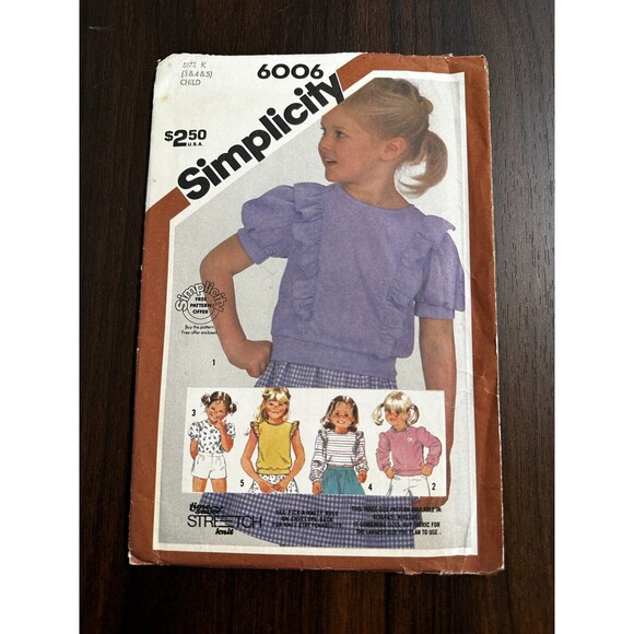Sewing Pattern Vintage Girls Size 3-6 Pullover Tops Ruffles 1983 simplicity 6006 - Picture 1 of 4